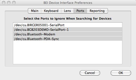 3.6.4 Mac Preferences Ports This box will list all of the serial ports currently found in the host computer. Highlight the ports that should be ignored when searching for a connected lens controller.