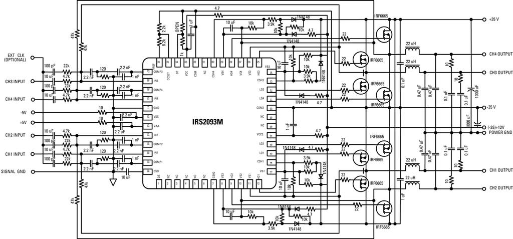 Fig. 2. System level schematic of a four-channel class D audio amplifier using the IRS2093M integrated driver. This design can deliver 120 W per channel.