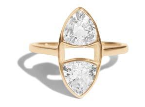 PEAR TRILLION RING ICON NARROW BAND ICON BAND A distinctive ring with flush set pear and trillion diamonds. The pear diamond is ~.15ct or 5mm x 3mm, and the trillion is ~.10ct or 3.