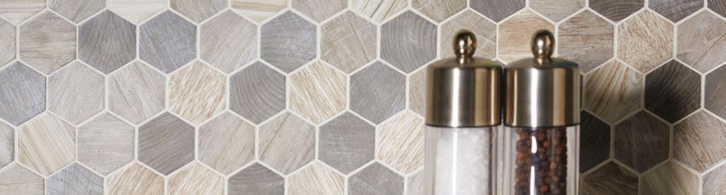 CROSSWOOD Photo features Crosswood Pelican in Hexagonal Glass Mosaic on the wall.