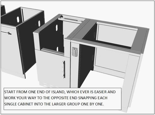 Using a Leveler, place on top of each cabinet group as you assemble, taking special precaution that the top is Leveled as you go.