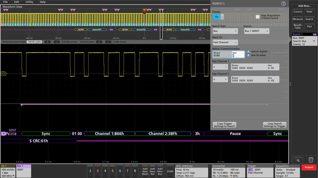 SEARCHING THE SENT BUS On a Tektronix oscilloscope, you can use the automated Wave Inspector search to find all the bus events that meet search criteria and determine how many of them occurred.