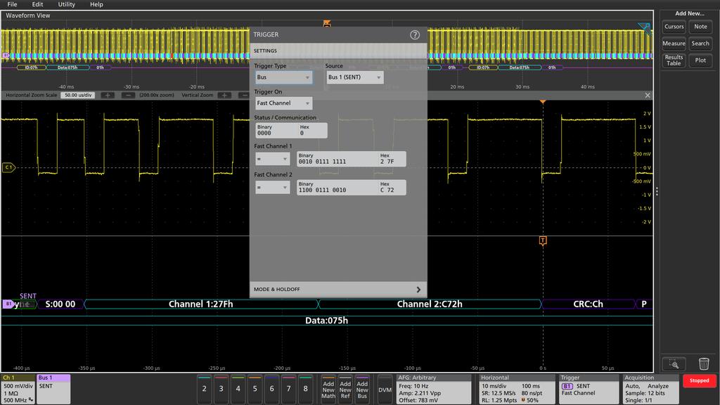 TRIGGERING ON THE SENT BUS When debugging a system based on one or more serial buses, one of the key capabilities of the oscilloscope is isolating and capturing specific events with a bus trigger.