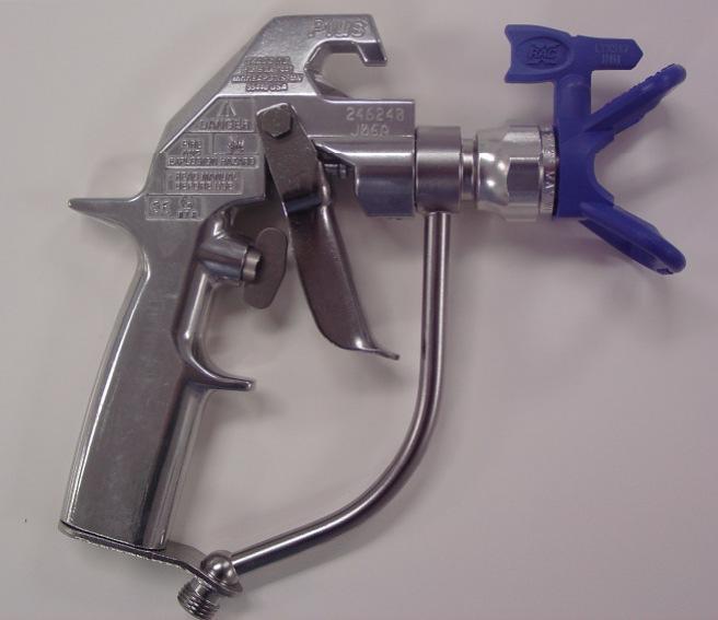 Spray Guns Follow the specific airless sprayer and spray gun manufacturer s written instructions when using their specific equipment. The Graco Silver Gun Plus is depicted in the following photo.