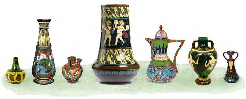 SOME BEAUTIFUL ENGLISH POTTERY VASES, JAR AND COFFE POT IN INTARSIO WARE BY WILEMAN & CO point.
