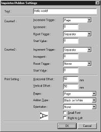Imprinter/Addon Settings When the imprinter/addon function is used, any characters and counters can be printed/added on the scanned document and image.