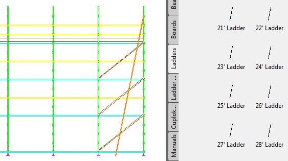 1.4 Step 4: Drawing the Ladders and Boards The next stage is to add a ladder and draw the boards. Tutorial for System Scaffolding 1.4.1 Step 4a: Adding Ladders to the Elevation, Side and Plan Views Ladders can be dragged and dropped on to the drawing from the AutoCAD tool palette: 1.