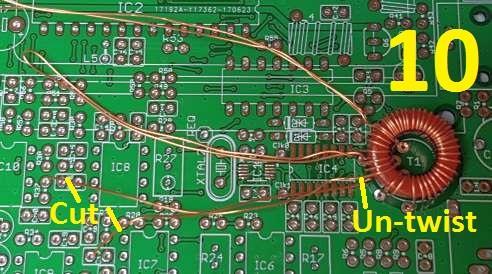 8) The remaining steps show the transformer installation on an otherwise empty PCB, to make the explanation clear. Thread the original start of your winding (from step 1) into hole 1 in the diagram.