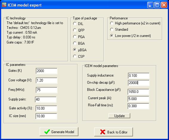 The tool ICEM Model Expert is used to build the ICEM-based model of the IC by estimating the Passive Distribution Network (PDN) and Internal Activity (IA) of the IC based on