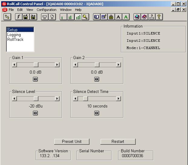 RollCall PC Control Panel Screens Setup Note that for this and other screens the following applies to the scroll bars: The and symbols at the ends of the scroll bar allow the value to be adjusted in