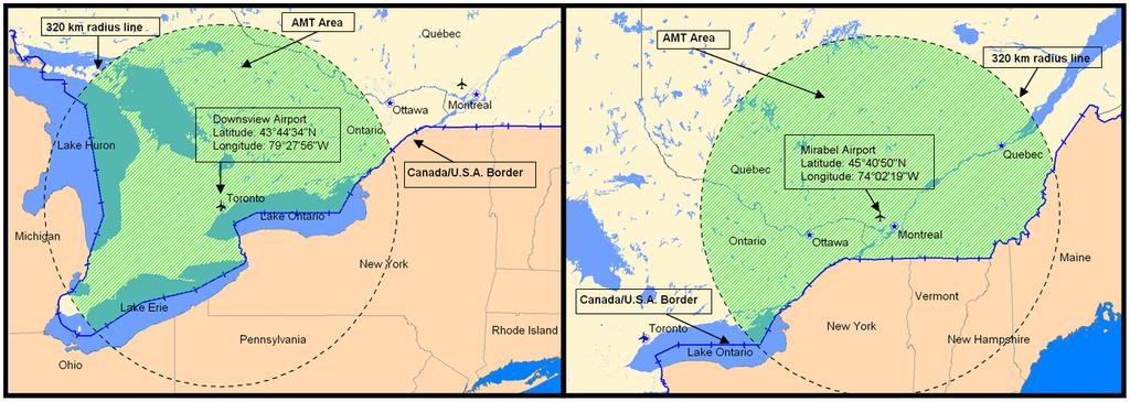 Figure 2 Areas within a 320 km radius of the Downsview (Toronto) and Mirabel (Montreal) Airports designated for use by the AMT service in the band 1452-1476 MHz Decision: Figure 3 Areas possibly