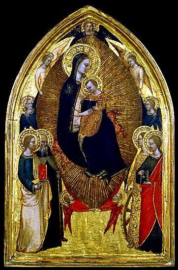 The central figures of the Madonna and child in this painting from the late Middle Ages are much larger than the four saints who stand below the Madonna or the angels gathered around the upper edges