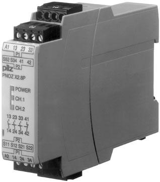 Safety relay for monitoring E-STOP pushbuttons, safety gates and light barriers.