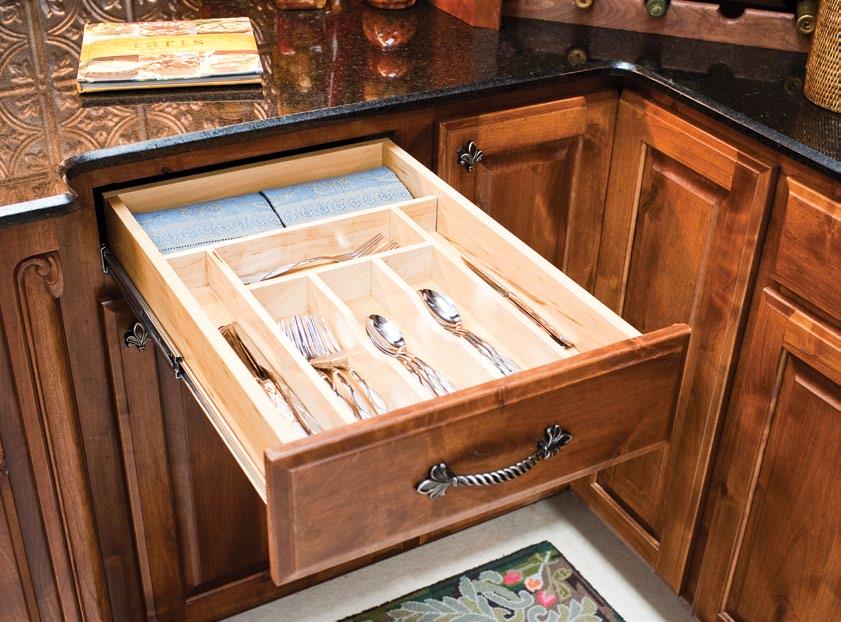 21 wide x 22 deep drawers or can be trimmed to minimum 14-1/2 wide x 15-7/16 deep Cutlery sections are 2-5/8 wide on 14 unit