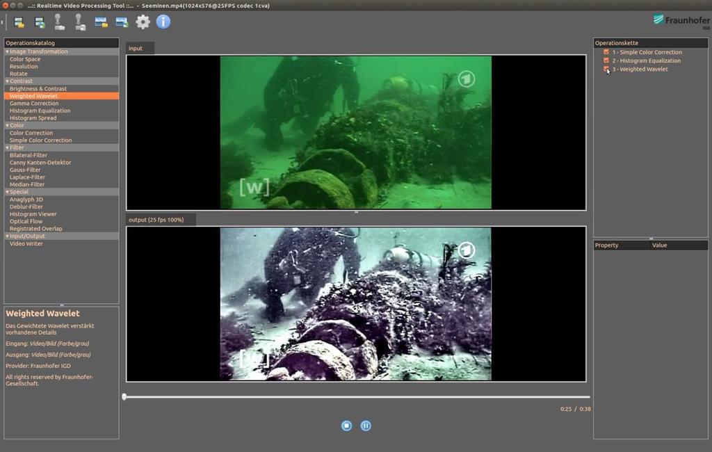 Underwater Video Processing Tool Customer: German Navy Flexible combination of different algorithms for underwater image enhancement