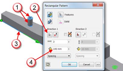 First select the features to pattern, in the graphics window or in the browser select the circular extrusion and the hole you created in the last steps, labeled (1). b).