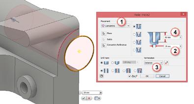 In the Hole dialog box change the diameter to 19 mm, labeled (2). e).