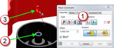Select the inside circular edge on the hole of the wheel and the circular edge on the hole in the wheel extension. b). Click Apply to create the Insert constraint but keep the dialog box open. 10).
