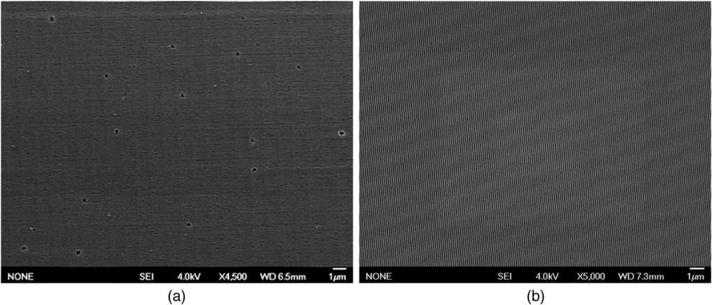 Fig. 10 Etched wire-grid polarizers: (a) an etched Al grating using a manual process involving significant wafer handling and (b) a WGP made from an automated J-FIL process. Fig.