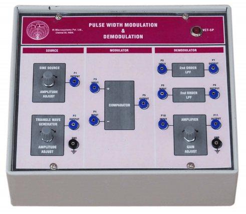 6. PULSE WIDTH MODULATION & DEMODULATION TRAINER [VCT 05P] Features: * On board fixed frequency sine wave generator with adjustable amplitude * On board triangular wave generator with adjustable