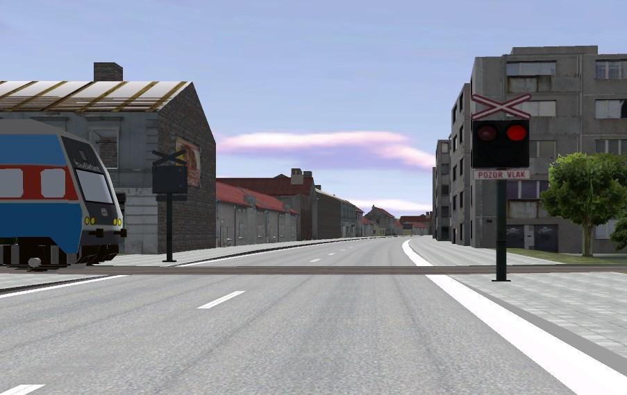 Level crossing with a blinking set of red lights in an urban environment C.