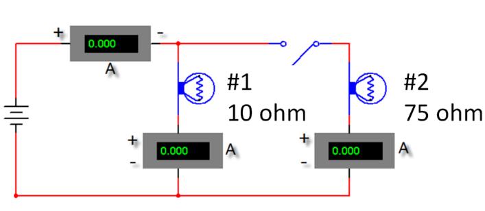Creating a Parallel Circuit 10. Create the circuit shown below with the switch open. Confirm that: bulb 1 is on and bulb 2 is off. Close the switch and record the following data.