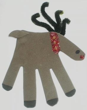 WEE BULIDERS (3-4 years): Handprint Reindeer Pencil Brown craft foam or card stock Black marker Red glitter Brown or black pipe cleaner How to make it: 1.