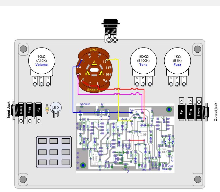 Next, connect wires to the remaining switch pins, matching up pins 3, 4, 5, 6, 7, 8 and 12 with the appropriate holes on the PCB.