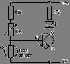 The variable resistor adjusts the brightness at which the transistor switches on and off. Any general purpose low power transistor can be used in this circuit.