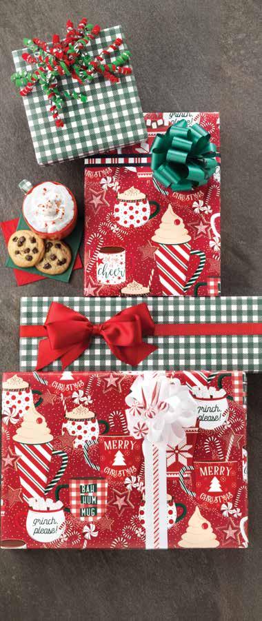 SET OF 6 18 E1548 HOLIDAY MUGS ROLL WRAP Rollo de envoltura para regalos reversible, Tazas festivas Wrap your gifts with a cup of cheer! 30 Sq. Ft. (24" x 15') $9.50 Ribbons and bows not included.