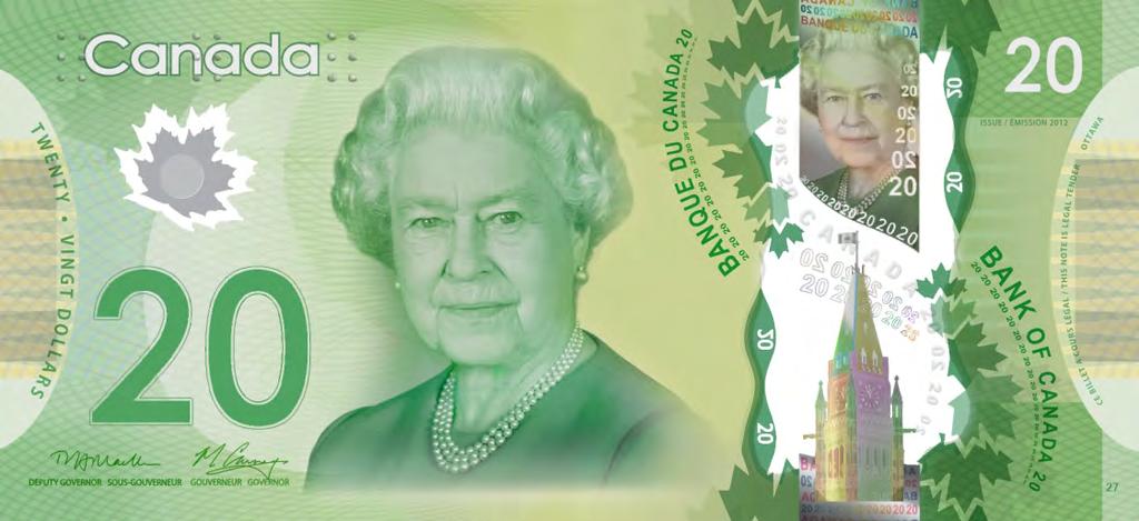 Polymer Banknotes Security Features at a Glance Metallic portrait Large window Transparent text Small numbers Maple leaf border