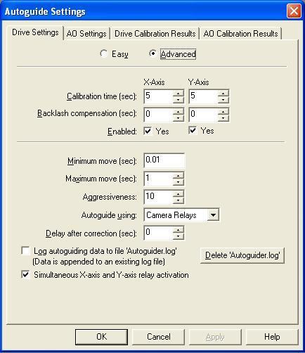Figure 9: Advanced autoguide settings o The most useful options in this window to vary will be the Aggressiveness setting, and the option to save autoguiding data to a log file (recommended).