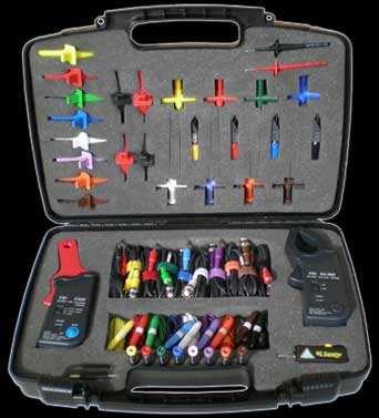 Kit Includes: High Current Amp Clamp (600A Max) Low Current Amp Clamp (60A Max) 9 12ft Color Coded Cable Extensions 9 ft Battery Ground Cable 8 Color Coded Back Probes with Banana Jacks 2 Banana Plug