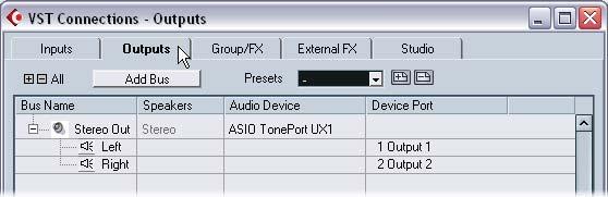 Click the Outputs tab If a Stereo Bus does not yet exist for your ASIO Line 6 Audio Device as shown here, then use the Add Bus option to create a Stereo Bus,