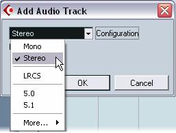 Choose Mono or Stereo for your desired recording track type The Cubase Audio track settings can be