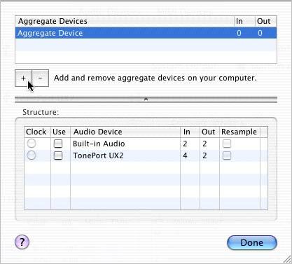 Click on the + button to create a new Aggregate Device All detected Core Audio devices are listed in the Structure pane Note that the numbers of In and Out ports are listed for each device In the
