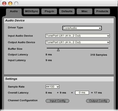 Select the Audio tab Choose CoreAudio as the Driver Type Choose your Line 6 Hardware as both the Input and Output Audio Device