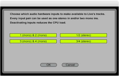 Click on the 3 & 4 (mono) and the 3/4 (stereo) Input buttons to activate them if you will want to record from your hardware s