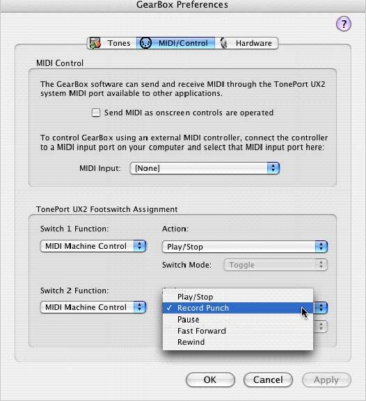 Configure GearBox and TonePort UX2 to transmit Footswitch commands Launch the GearBox software and go to GearBox > Preferences Select the MIDI/Control page Choose MIDI Machine Control as the Switch