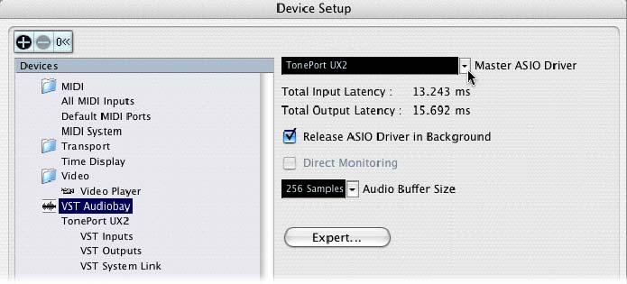 Select VST Audiobay within the Devices pane Then select your Line 6 hardware as the Master ASIO Driver