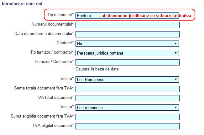 Tip document - utilizatorul selecteaza din lista tipul documentului Machete solicita introducerea de informatii