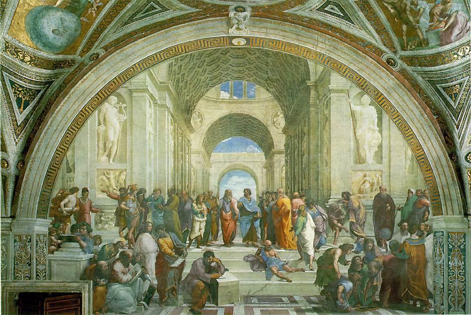 H i g h R e n a i s s a n c e Raphael Santi This painting by Raphael titled School of Athens depicts Ancient Greek Artists and Philosophers meeting in an Italian Renaissance building.