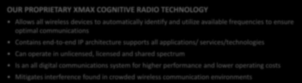 architecture supports all applications/ services/technologies Can operate in unlicensed, licensed and shared spectrum Is an all digital