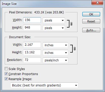 d. To change the image size and retain the proportions, make sure the Constrain Proportions checkbox is checked and then type in 156 (or whatever size your DLW is) to the Width. See the example below.