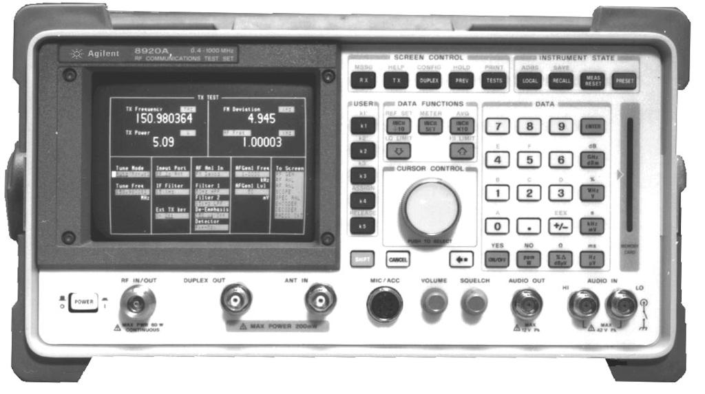 Agilent 8920A front panel features Single key transmitter, receiver, and duplex radio testing with autotuning Autoprint of all measurements when