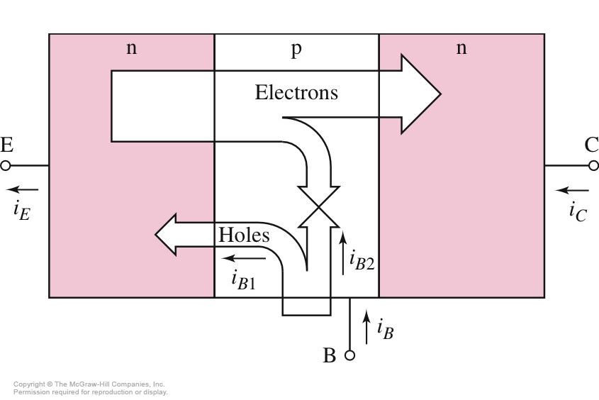 NPN BJT in Forward Active Mode Electrons are injected from the emitter to the base through the forward biased EBJ About 5% of the electrons recombine with holes in the base