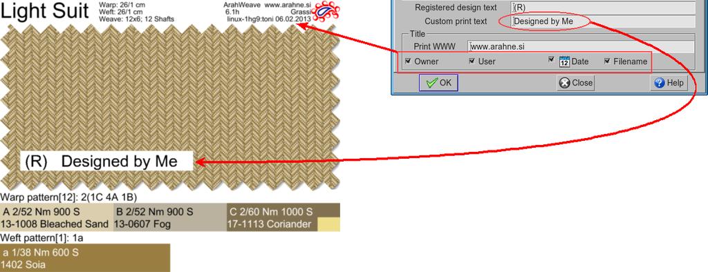 ; the text, which you have in the Figure 329: Printing the fabric simulation Registered design text feld in the Appearance tab of the Save setup window, will be printed (or saved) in the fabric