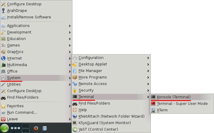 On the image below, the foppy drive is labeled as /dev/sdb Figure 364: The terminal window Then go to Suse menu (green icon) > System > File manager >