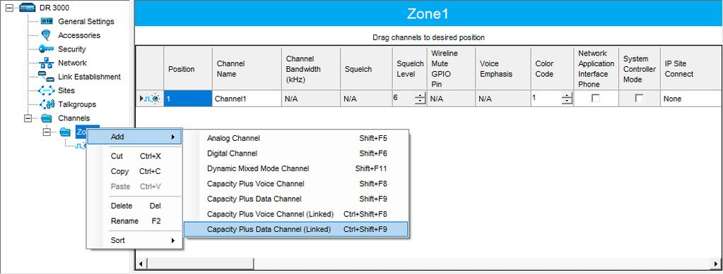 Configuring MOTOTRBO Equipment 4.1.4.2 Adding a Data Channel In the left pane, under Channels, right-click Zone and from the drop-down menu, select Add > Capacity Plus Data Channel (Linked).