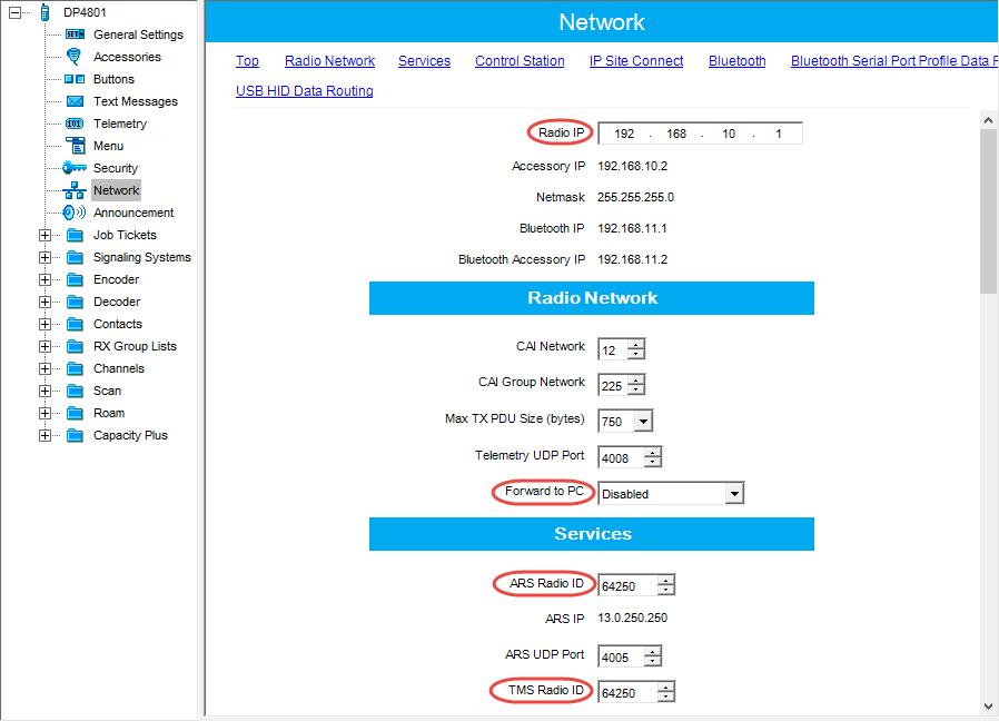 Configuring MOTOTRBO Equipment 4.3.2 Network In the left pane, select Network. In the Network pane, click the Radio Network link, or scroll down to the Radio Network section.